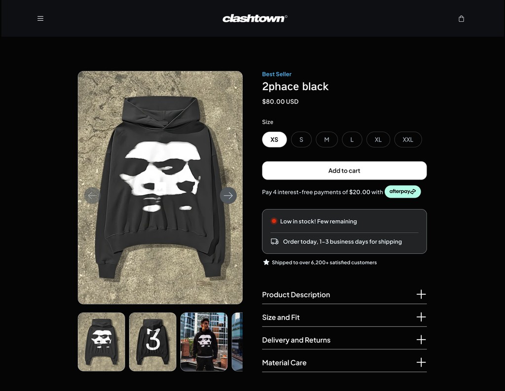 ClashTown product page for the 2phace black hoodie