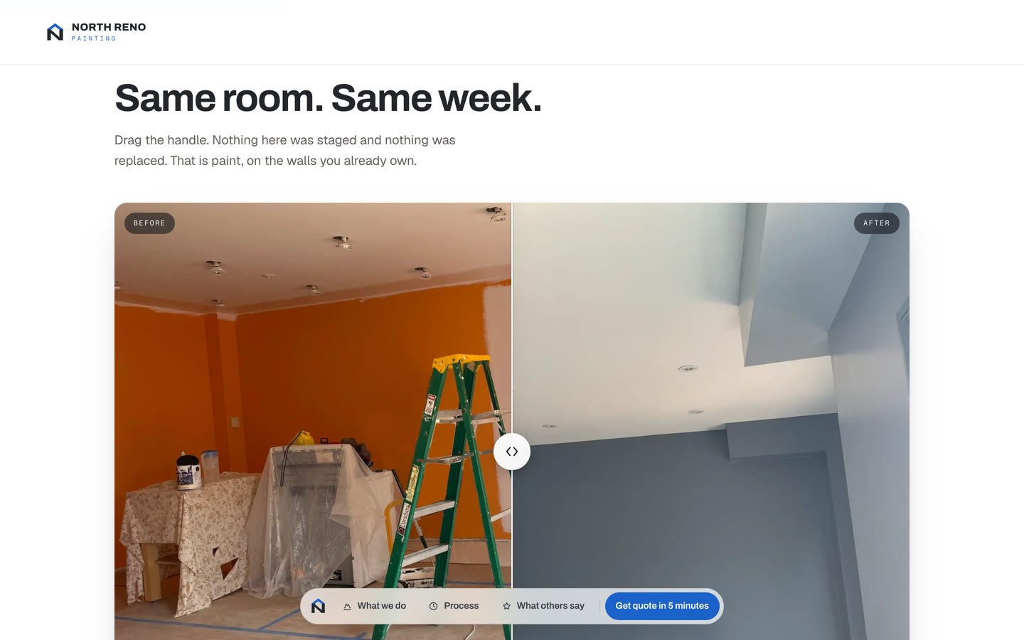 A drag-to-compare slider showing one room before and after painting